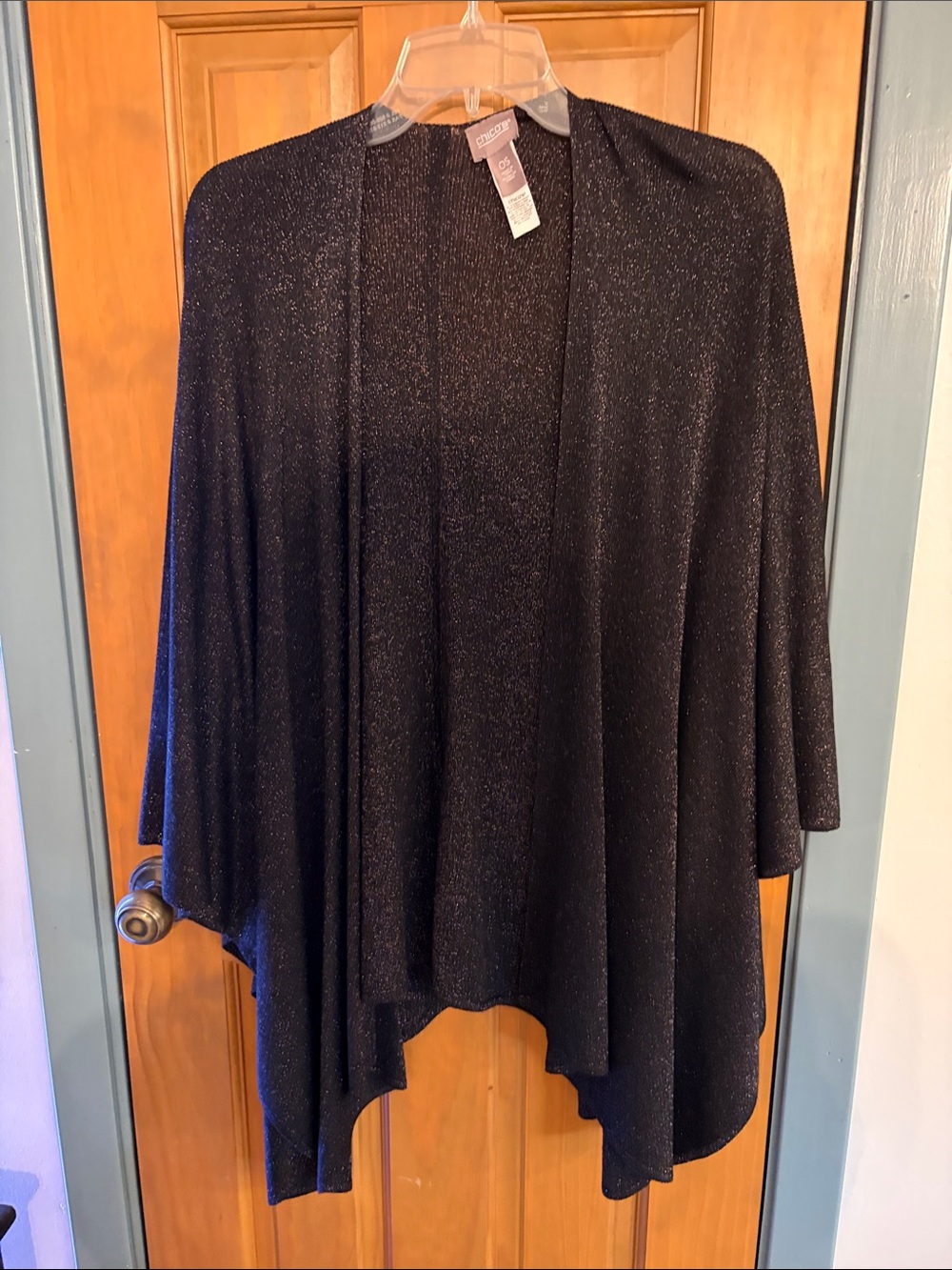Chico's Black Metallic Open-Front Draped Cardigan